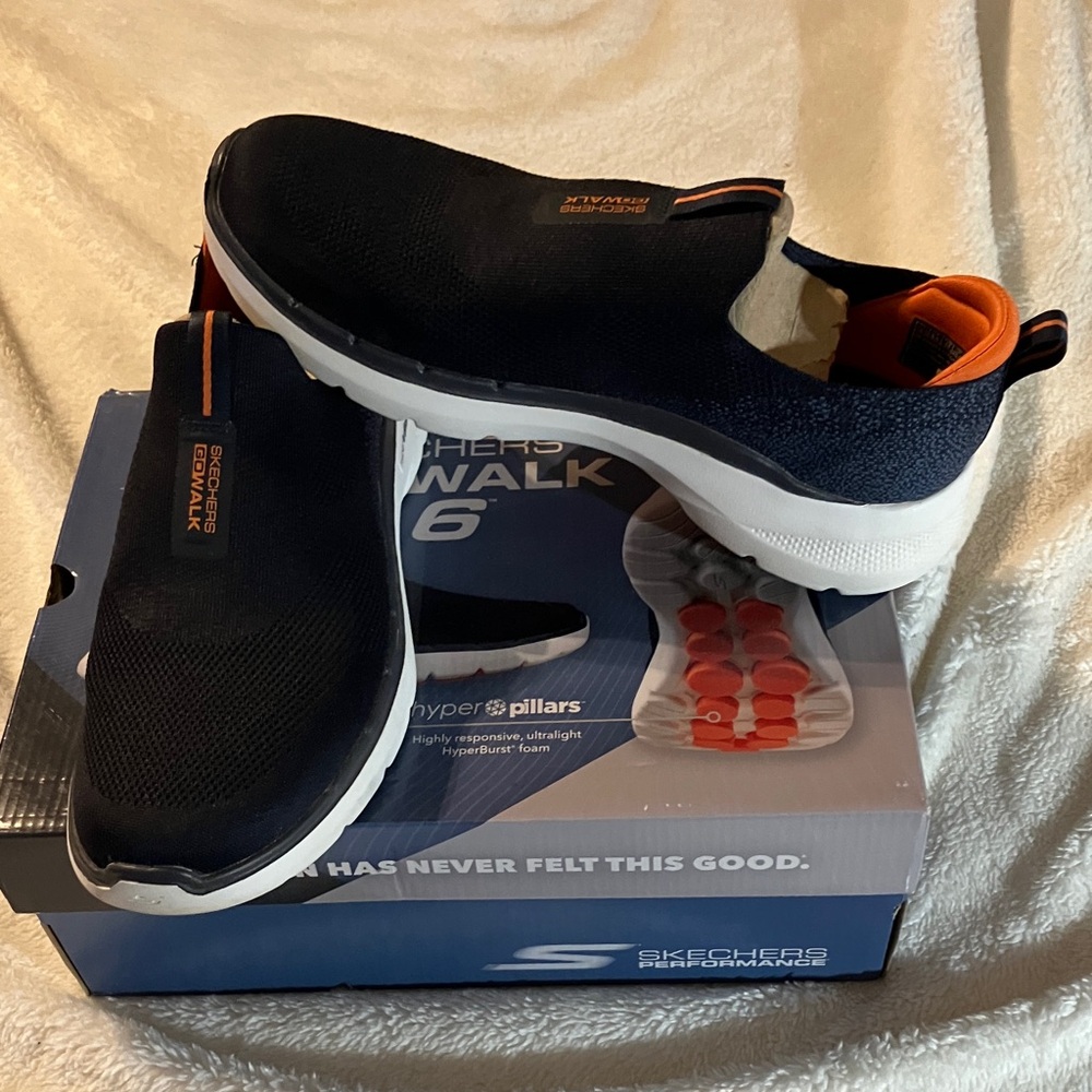 Skechers Performance Men's GOwalk Sneakers - Dark Navy/ Orange- machine washable